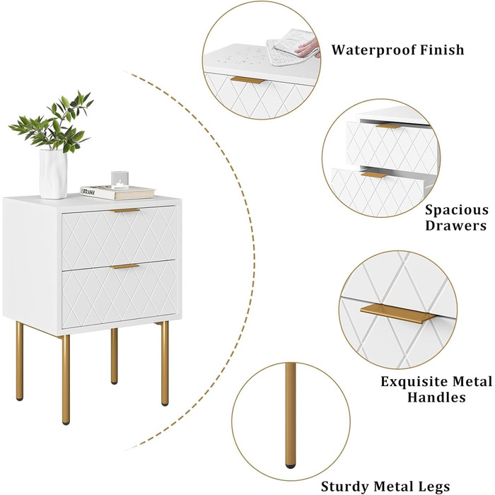 Тумбочка HEYZOEY Приліжкова, 2 ящики, Модерн, Бохо, Білий/Золотий, Для Спальні/Вітальні