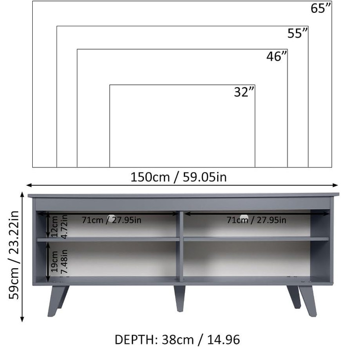 Тумба під телевізор Madesa, тумба під телевізор до 65 дюймів, для вітальні та спальні, 150 x 38 x 58 см, з дерева (Сірий)