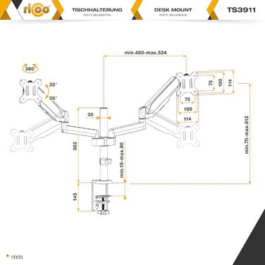 Підставка для монітора RICOO TS3911 для 2 моніторів, газ-амортизатор, VESA 75x75/100x100, 17-32 дюйми