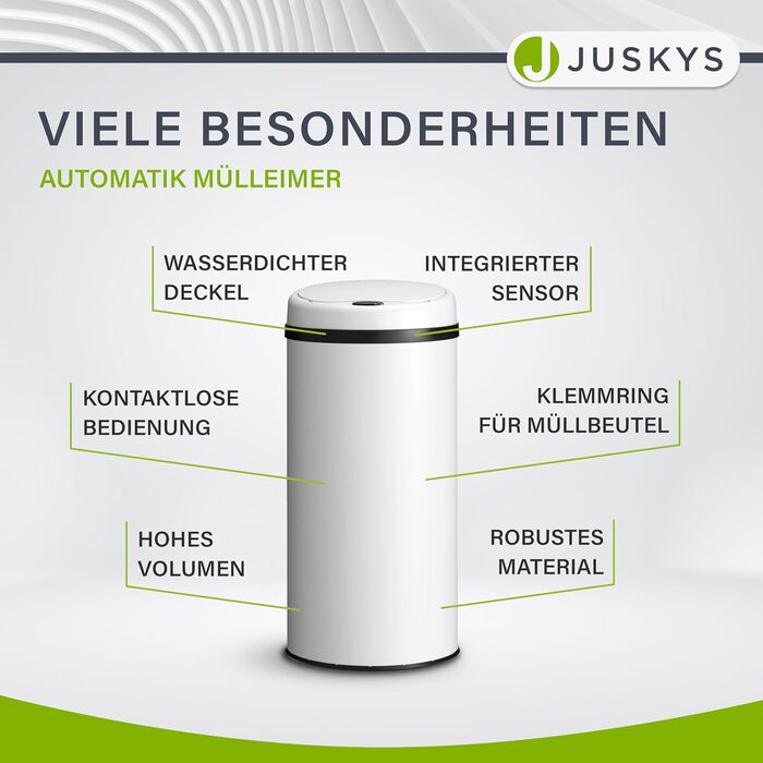 Відро для сміття Juskys з датчиком руху, 50 л - сталеве, з кришкою-затискачем для пакетів, кухонне