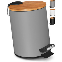 Косметичне відро VMbathrooms 3L з вишуканим чорним дизайном / відро для педалей з автоматичним опусканням (м'яке закривання) елегантне відро для ванної кімнати з внутрішнім контейнером і кришкою з бамбукового дерева (сірий матовий)