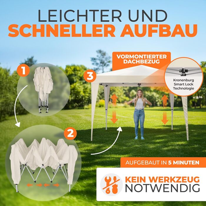 Павільйон Kronenburg розкладний, 3x3 м, водонепроникний, UV захист 50+, Champagner, з 4 боковими панелями