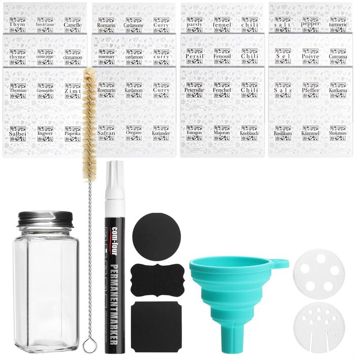 Набір баночок для спецій Com-Four® [Квадратні - 24 шт. | 120 мл] з етикетками та воронками, ручка для маркування, щітка для чищення (24 шт. з аксесуарами)