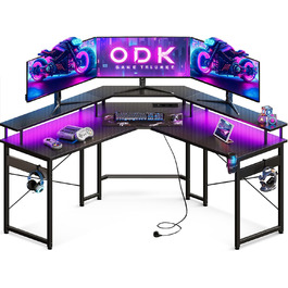 Ігровий стіл ODK 129x129 см з LED підсвічуванням, 2 розетки та USB зарядкою, стіл для ПК, комп'ютерний стіл, колір: чорний вуглеволокно