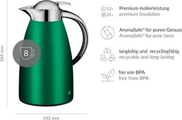 Термос Alfi SIGNO 1.0л, сатиновий срібний, з нержавіючої сталі з гігієнічним скляним вкладишем, з кришкою-поворотом та зручною кнопкою, ергономічна ручка, для використання однією рукою, ідеальний як чайник для кави та чаю (Satin Green)