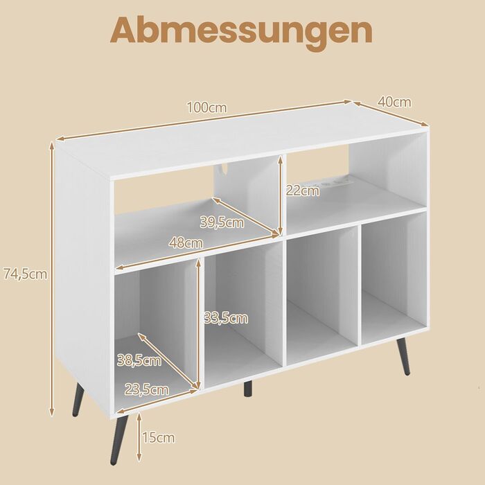 Підставка для програвача COSTWAY з зарядною станцією, тумба для програвача з полицями для зберігання вінілу, стіл для зберігання платівок з 5 металевими ніжками, комод для вітальні, музичної кімнати (білий)