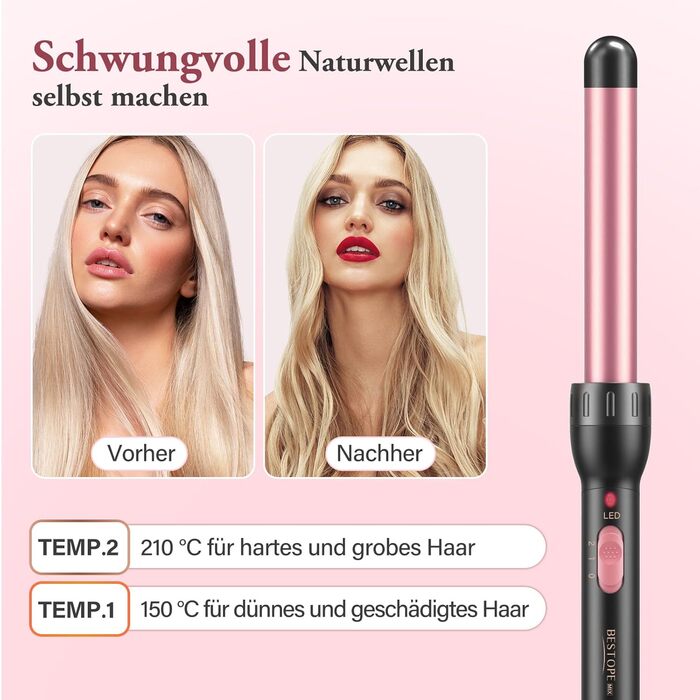 Набір для завивки та випрямлення волосся BESTOPE MIX 5-в-1 з насадками для великих та маленьких локонів, 10-32 мм, швидкий нагрів, 2 температурні режими, рожевий