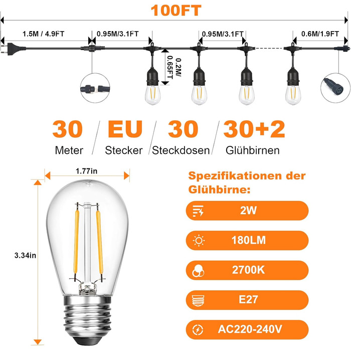 BRIMAX 30M LED гірлянда для вулиці, 220-240V, IP44, 46+4 лампочки G40 E12 1W, 2200K тепле біле світло, розширювана гірлянда для кемпінгу, ярмарку, саду, вечірки