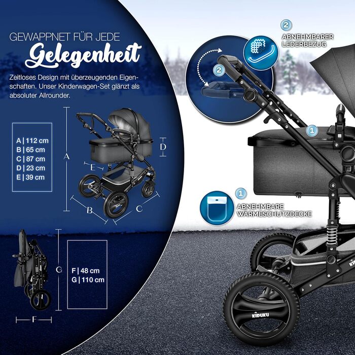 Дитяча коляска 3 в 1 KIDUKU® XXL Комплект | Комбінована коляска з люлькою, прогулянковим блоком та автокріслом | З повним набором аксесуарів (футляр, сумка для підгузків, підставка для чашки, дощовик) | Надувні колеса, ECE R129 (Антрацит / Чорний)