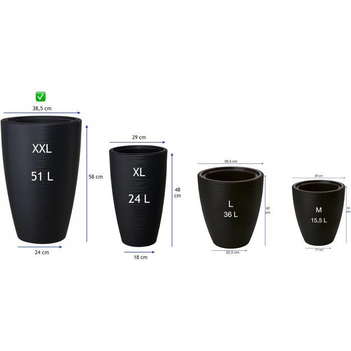 Горщик для квітів MELTOM Blumenkübel - чорний, XXL (58 см) з знімним вкладишем, горизонтальні смуги