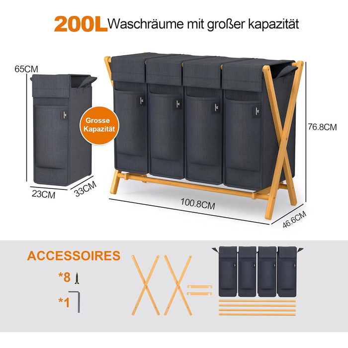 Кошик для білизни AdelDream з 3 відділеннями, 150 л, бамбук, сортувальник, сірий
