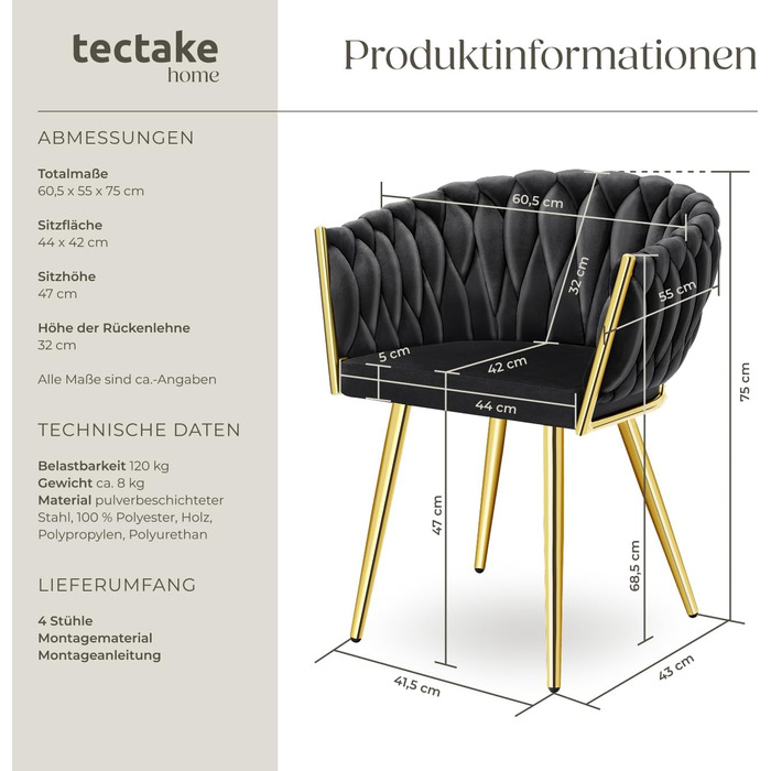 Тектейк® Велюровий стілець, крісло-чілл з ефектом вузлів, обідні стільці, сучасний крісло для вітальні, їдальні, як кухонні стільці, для туалетного столика, комплект стільців (4 шт, Чорний/Золотий)
