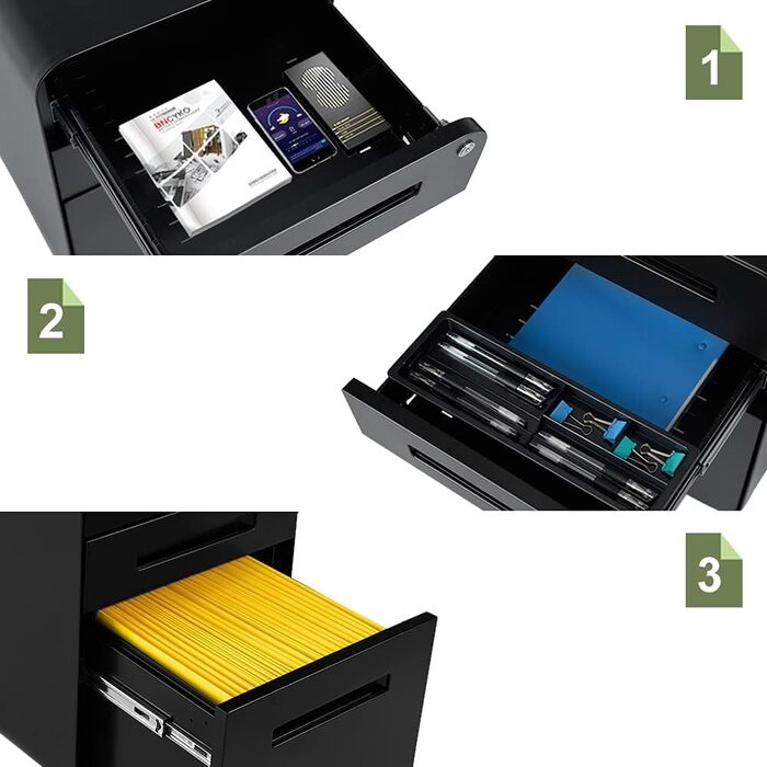 Роликовий контейнер DeHong з металу, мобільний офісний шафчик з 3 висувними ящиками, офісний контейнер, з можливістю замка та регульованих папок, збірно-розбірний, для офісу, дому, чорний