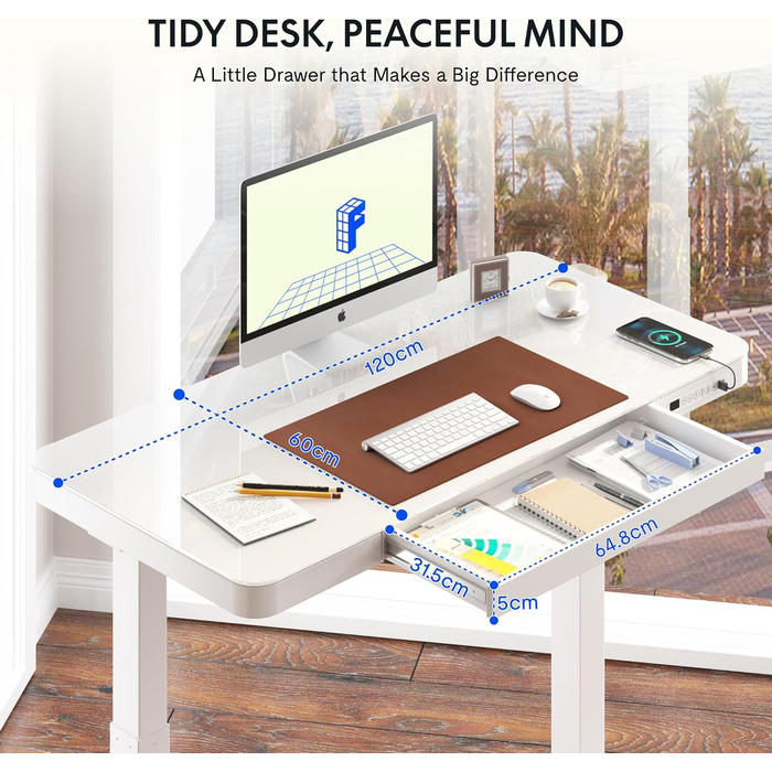 Електричний регульований стіл FLEXISPOT з підняттям, з USB та ящиком, скляна панель 120 x 60 см (сніжно-білий)