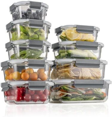 Набір контейнерів для зберігання продуктів Glas, 18 шт. (9 контейнерів, 9 кришок), безпечні для миття в посудомийній машині, мікрохвильовій печі та морозильній камері, з герметичним закриттям, без BPA, сірого кольору