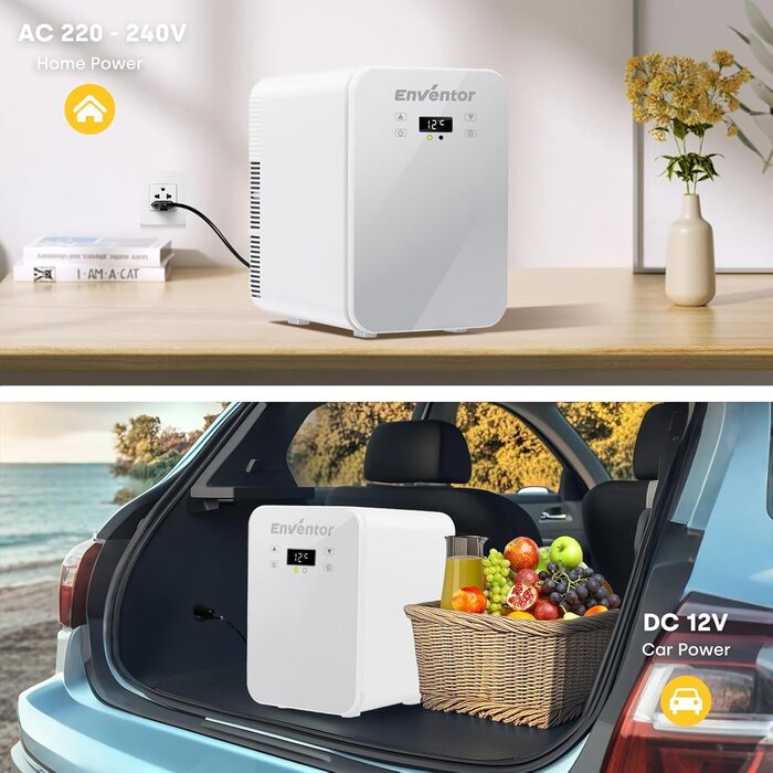 Mini холодильник Enventor 10L: тихий, з подвійним охолодженням, 12V/220V, для авто, кімнати, офісу (білий)