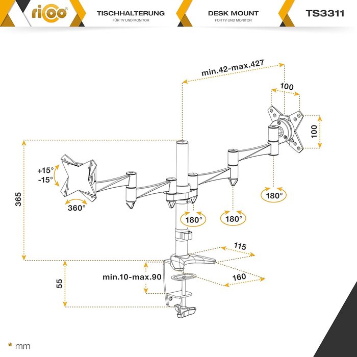 Підставка для монітора RICOO TS6911 для 3 моніторів (13-26 дюймів)