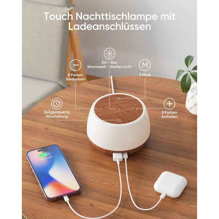 Приліжковий світильник Touch 20W, LED, 2 USB, 9 кольорів, 3 режими, таймер, пам'ять, колір горіха