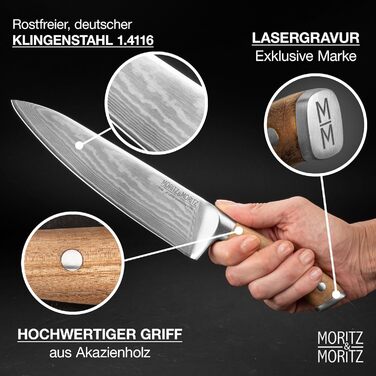 Професійний кухонний ніж Moritz & Moritz 20 см з дамаської сталі 67 шарів - ніж шеф-кухаря з ергономічною ручкою з акації