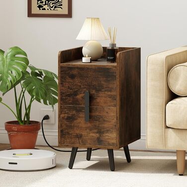 Нічний столик COSTWAY з зарядкою, вузький, 2 шухляди, металеві ніжки, для спальні/вітальні, 40 x 32 x 60 см, рустикальний коричневий