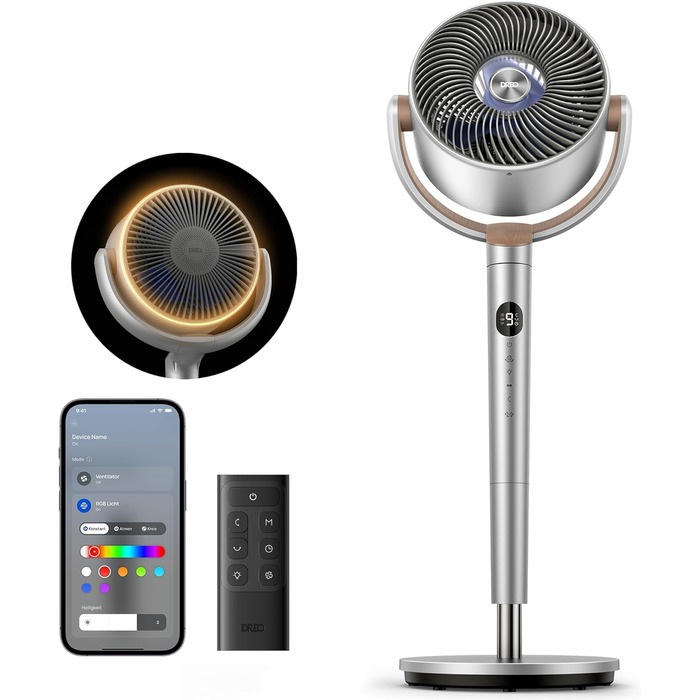 Вентилятор підлоговий Dreo з Wi-Fi та LED, 102 см, 8 швидкостей, 3 режими, тихий 20dB, велика потужність, срібний