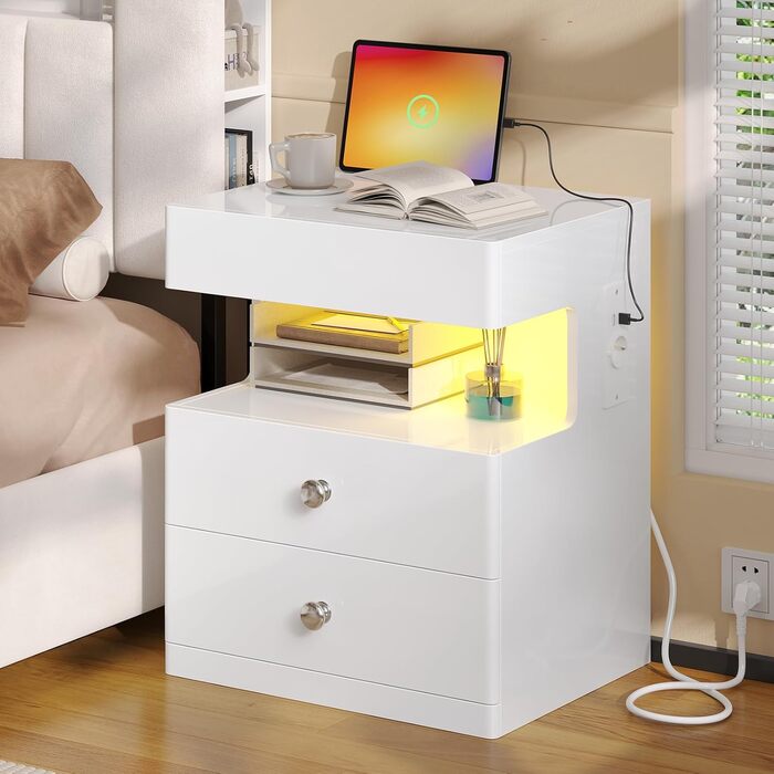 Нічний столик AOGLLATI з секретною поличкою, розеткою та LED-підсвіткою. 2 шухляди, висувний ящик, полиця. Білий, 40x35x59 см