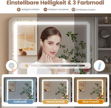 Білий туалетний столик для макіяжу з LED-підсвічуванням та дзеркалом | 3 ящики, 3 полиці, шафка | Столик для макіяжу для спальні