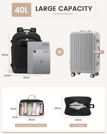 Чорний жіночий рюкзак OVEVOOK для подорожей та ділових поїздок, 40л, водонепроникний, з органайзером для взуття