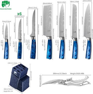 Набір кухонних ножів Fullhi 14 предметів з бруском, набір кухонних ножів, ножі для стейку, кольорова ручка, подарунок для чоловіків та жінок (блакита смола, 14 шт.)