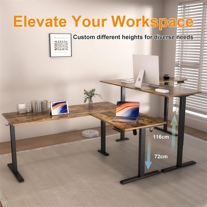 Електричний кутовий стіл BEXEVUE з регулюванням висоти 160x140 см, 3 функції пам'яті, антиколізійна технологія, ергономічний, коричневий