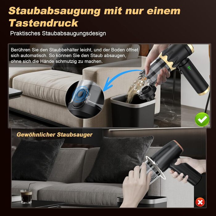 Акумуляторний ручний автомобільний пилосос 4 в 1, потужність 25000Па, безщітковий двигун 105000 об/хв, бездротовий пилосос для авто, офісу, диванів та шерсті тварин