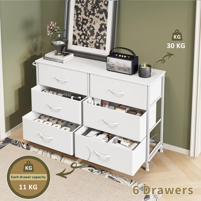 Комод Flur з 6 висувними ящиками з тканини - промисловий комод для вітальні з металу - комод для передпокою в стилі рустік - комод для спальні з тканини для одягу - білий 100x30x65 см, 6 ящиків - 100x30x65 см білий