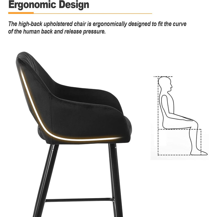 Набір з 2 барних стільців Чорний оксамит з оббивкою зі спинкою та підлокітником для кухні та стійки