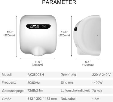 Електричний сушар для рук AIKE AK2800B ECO з сенсором, HEPA-фільтром та з нержавіючої сталі, 10-15 сек сушіння