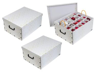 Декоративна коробка для прикрас XXL (3 шт.) білий/золотий - містка та якісна. Для зберігання до 40 ялинкових прикрас. Зручна коробка з міцного картону з пластиковими ручками.