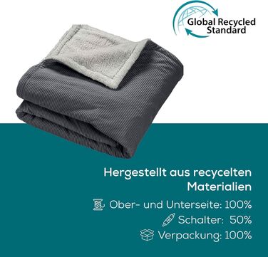 Електрична ковдра Beurer HD 80 з 6 рівнями нагріву, автоматичним вимкненням та системою безпеки, з матеріалів вторинної переробки, Cord Dark Grey