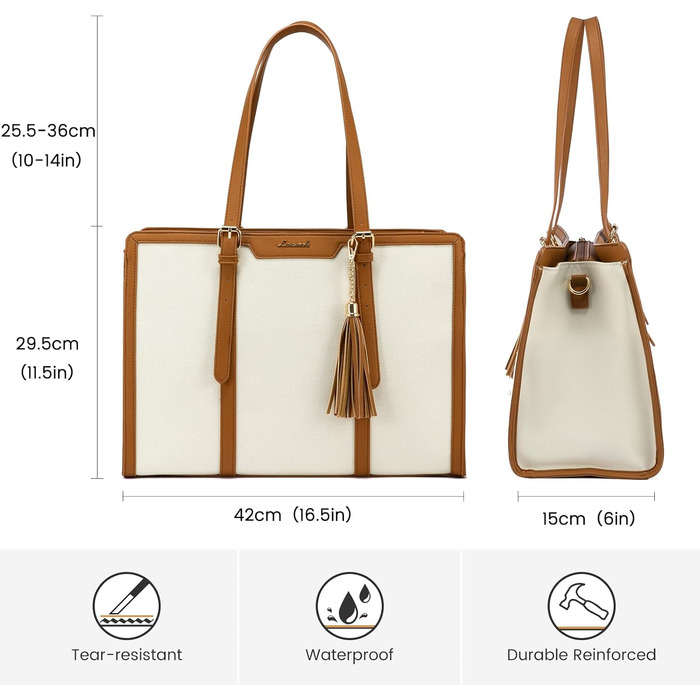 Сумка для ноутбука LOVEVOOK 15.6 дюймів: велика, зручна, для роботи, навчання, подорожей (бежева, коричнева)