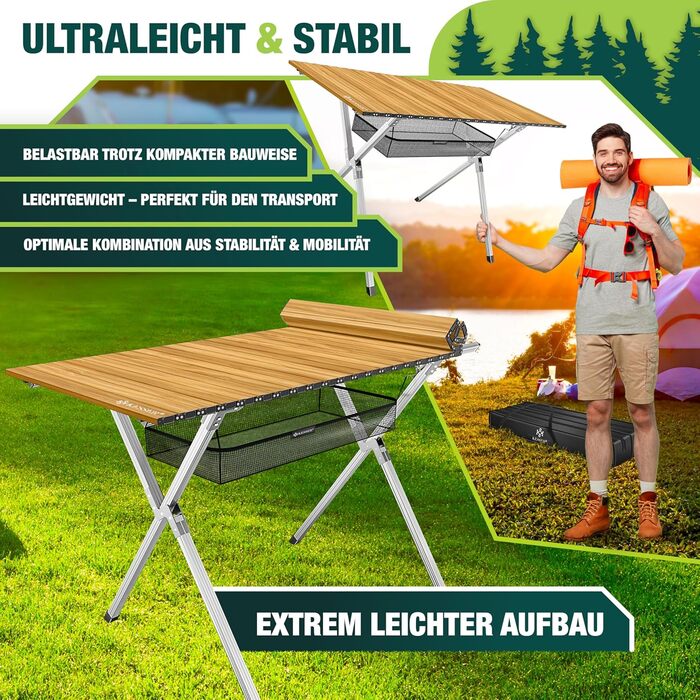 Кемпінговий стіл KESSER® розкладний, з алюмінієвим каркасом, регулювання висоти, 90x53 см, до 100 кг, з сумкою та сітчастою кишенею, (145x70 см, імітація дерева)