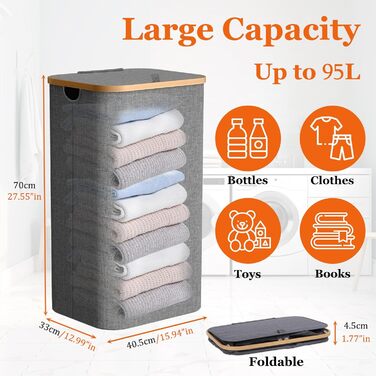 Кошик для білизни з кришкою, вузький, бамбукові ручки, внутрішня кишеня, складний, переносний, 95л, темно-сірий