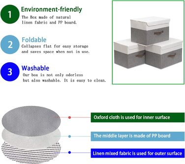 Ящики для зберігання OUTBROS з 3 предметів з кришками, 38 x 25 x 25 см, складні тканинні ящики, кошики для зберігання, органайзери для іграшок, одягу, книг, ST02BGS3 (сірий / білий, дуже великий(3 упаковки))