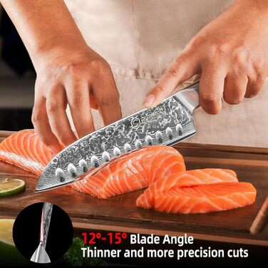 Ніж Sunnecko Дамаск - кухонний ніж. Гострий ніж з дамаської сталі. Азіатський універсальний кухонний ніж для дому та кухні з ергономічною ручкою (7 дюймів Сантоку)