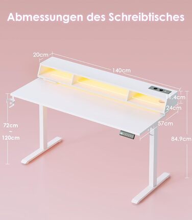 Офісний стіл для геймінгу OffiGo, 140 см, регульована висота, RGB LED, розетки, 3 полиці, тримач для напоїв та навушників, поверхня з карбону, білий колір