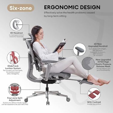 Крісло офісне MUSSO X700 з GlideTrack-підтримкою попереку, 6D-підлокітниками, 4D-підголівником, колісним основанням та підставкою для ніг – інтелектуальний комфорт для роботи, навчання та геймінгу (темно-сірий)