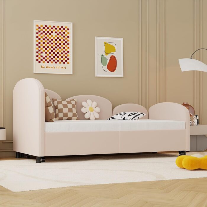 Дитяче ліжко-диван-трансформер 90x200 з висувною платформою, рожевий велюр, без матраца