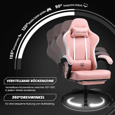 Ігровий крісло LUCKRACER з тканини, комп'ютерне крісло з підніжкою, Racing крісло для геймерів, вантажопідйомність 150 кг, регулювання спинки 90-135°, ергономічне крісло для ПК, поворот на 360°, (Рожевий)