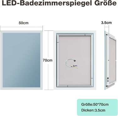 Дзеркало для ванної кімнати GIMBELEN з підсвічуванням LED, антизапар, 2 кольори світла (3000K/6500K), функція пам'яті, прямокутна форма, 50 x 70 см
