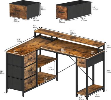 Стол YITAHOME L-подібний з USB-портом та розеткою, 140x100 см, 4 шухляди, полиця, для офісу, коричневий