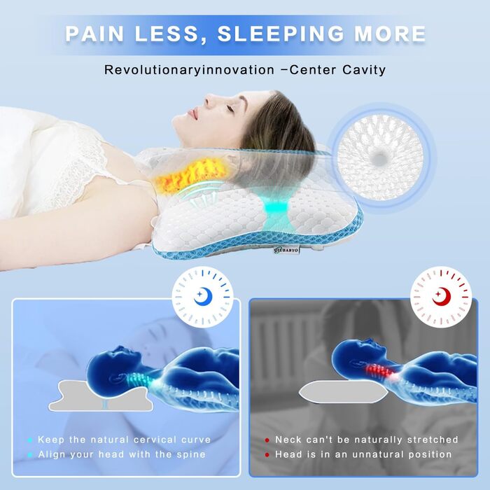 Ортопедична подушка для шиї з Memory Foam, регульована, ергономічна, для комфортного сну, без запаху, блакитна