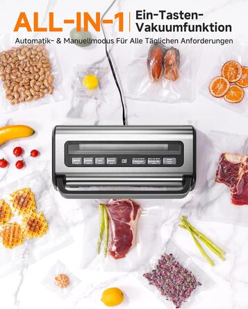 Вакууматор для продуктів 9-в-1 з потужністю 95 кПа, регулюванням часу та тиску, функцією пам'яті, подвійним запаянням, вбудованим різаком та відсіком для пакетів, корпус із нержавіючої сталі, у комплекті 2 ролини та шланг