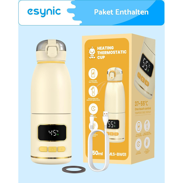 eSynic Підігрівач для пляшечок 450 мл з акумулятором 15000mAh, нержавіюча сталь 316, швидкий нагрів за 2-3 хв, для грудного молока та води, USB-C, BPA-free, для подорожей та нічного годування